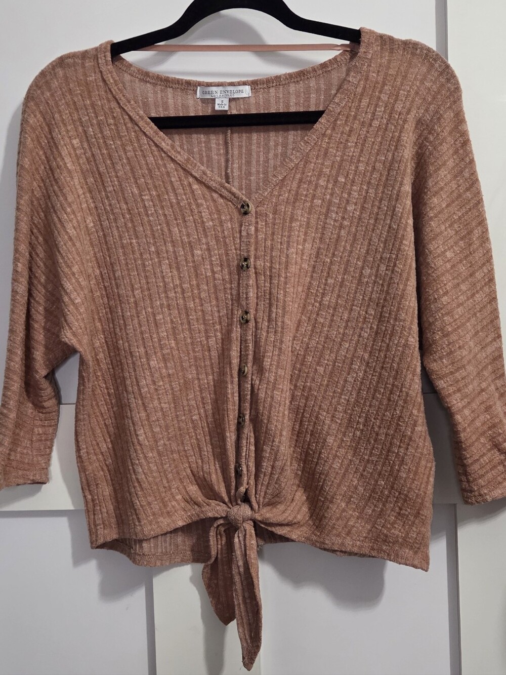 Green Envelope - Women's Soft Rust Knit Ribbed Button Tie-Front Top